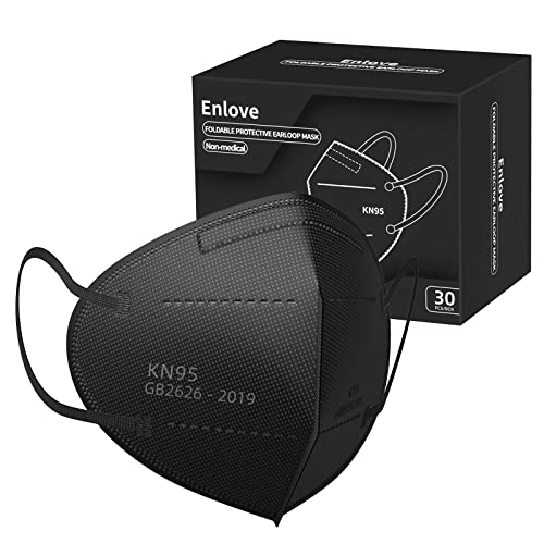 Enlove KN95 Face Mask Black 30 Pack, 5-Layer Filter Efficiency≥95% Face Masks