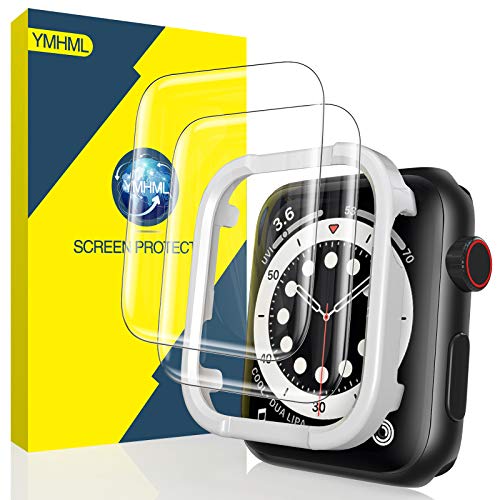 [2 Pack] YMHML Screen Protector Compatible for Apple Watch 44mm SE Series 6 Series 5 Series 4, Tempered Glass [Full Coverage] 3D Curved Edge with [Installation Frame] for iWatch 44mm Accessories
