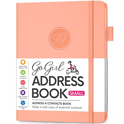 GoGirl Address Book – Telephone and Address Book with Alphabetic Tabs for Safely Storing Contacts, Small-Sized (4.0″ x 5.5″) PU Leather Hardcover – Peach Pink