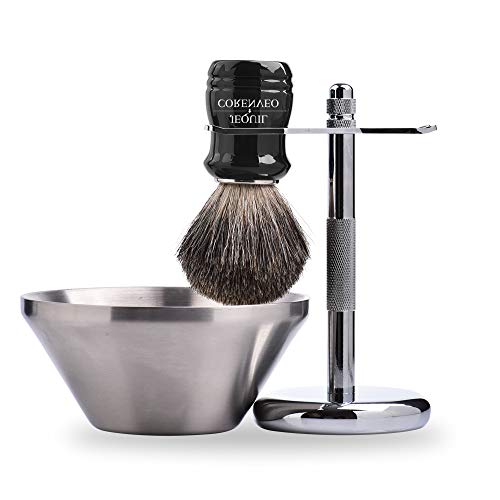 Je&Co Shaving Set,Pure badger Hair Shaving Brush with Steel Stand and Steel Bowl