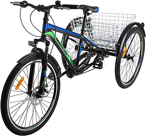Barbella Adult Mountain Bike, 7 Speed Three Wheel Bike Mountain Tricycle Adult Tricycle Cruiser Trike, 24/26/27.5 Inch Adults Trikes with Shopping Basket, Exercise Men’s Women’s Tricycles