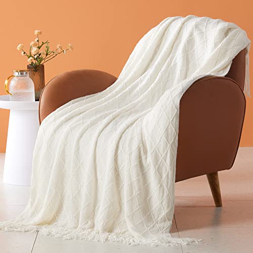 Touchat Knitted Throw Blankets for Couch, Sofa and Bed, Lightweight Soft Knit Blanket with Tassel, Decorative Cozy Farmhouse Throw Blankets for Women and Man 50″x60″, Cream Off White