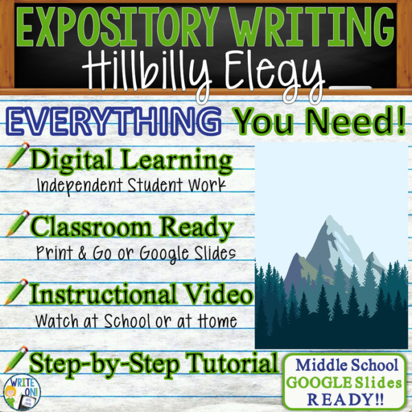 Text Analysis Expository Writing for Hillbilly Elegy Distance Learning or In Class, Independent Student Instruction, Instructional Video, PPT, Worksheets, Rubric, Graphic Organizer, Google Slides