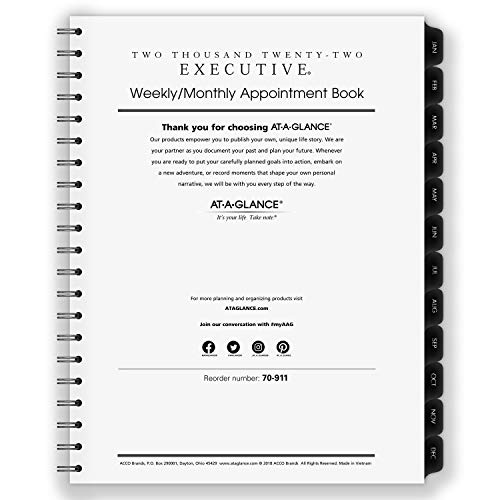 2022 Weekly & Monthly Planner Refill for 70-LX81-05 and 70-NX81 by AT-A-GLANCE, 8-1/4″ x 11″, Executive, Black (7091110)