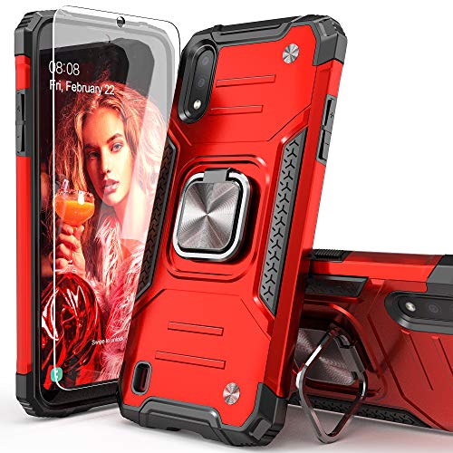 IDYStar Galaxy A01 Case with Screen Protector,Galaxy A01 Case,Shock Absorption Heavy Duty Drop Test Slim Cover with Car Mount Kickstand Lightweight Protective Phone Case for Samsung Galaxy A01, Red