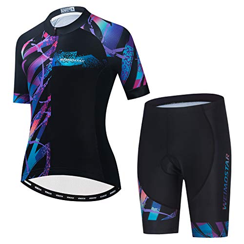 Weimostar Women Cycling Jersey Set 5D Gel Shorts Short Sleeve Biking Shirt Girl Bicycle Clothing Quick Dry Blue Black Size XL