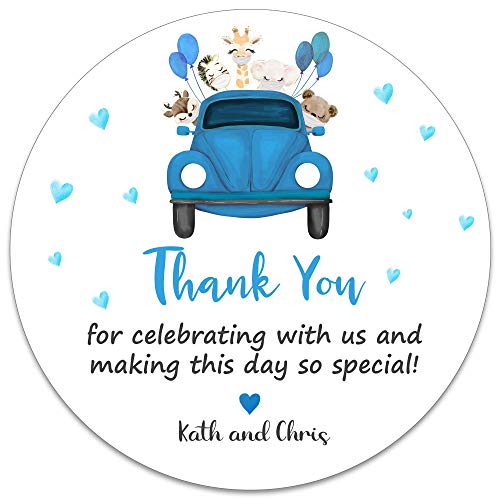 Baby Shower Favors Custom Stickers – Set of 36 Personalized Baby Shower Thank You Gifts Self Adhesive Flat Sheet 2 Inch Round Labels for Drive by Blue Baby Boy Shower Favors Theme (Blue)