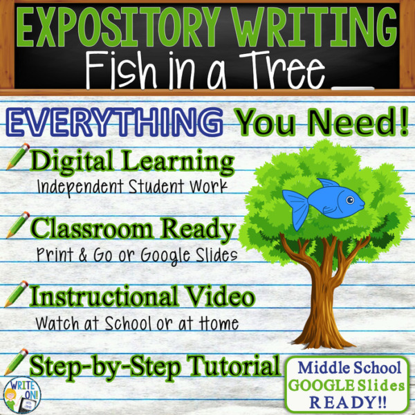 Text Analysis Expository Writing for Fish in a Tree Distance Learning or In Class, Independent Student Instruction, Instructional Video, PPT, Worksheets, Rubric, Graphic Organizer, Google Slides