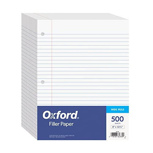 Oxford Filler Paper, 8 x 10-1/2 Inch Wide Ruled Paper, 3 Hole Punch, Loose Leaf Notebook Paper for 3 Ring Binders, 500 sheets (62330), white