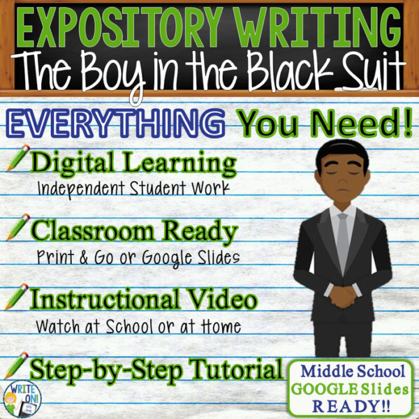 Text Analysis Expository Writing for The Boy in the Black Suit Distance Learning, In Class, Independent Instruction, Instructional Video, PPT, Worksheets, Rubric, Graphic Organizer, Google Slides