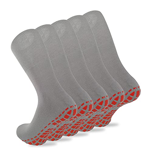 NOVAYARD 5 Pairs Non Slip Socks Hospital Diabetic Non Skid Socks Yoga Pilates Slipper Socks Men Women(Grey,Large)