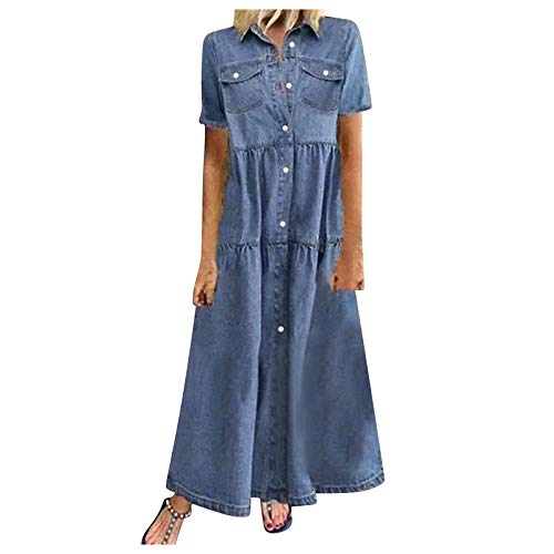 Women’s Vintage Short Sleeve Blue Jean Shirt Dress Button Up Shift Denim Dress (XL, Dark Blue/Maxi Dress)