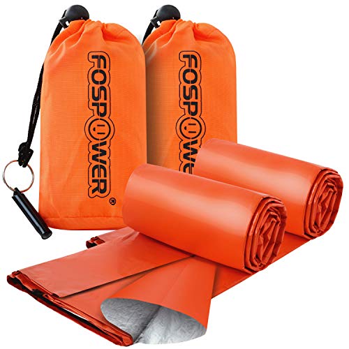 FosPower Emergency Sleeping Bag (2 Pack) Waterproof Survival Shelter Tent & Thermal Blanket with Whistle, Bivvy Bag for Survival Gear, Camping Accessories, Outdoors, Emergency Kit Supplies, Hiking