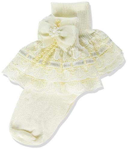 Pretty Me, USA girls Double Layer Cotton Frilly Lace Ruffle Socks with Bow and Pearls, Off White, 5T US