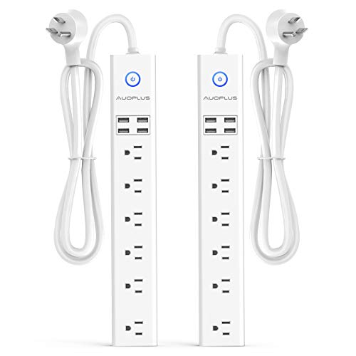 2 Pack Power Strip Surge Protector Flat Plug – 6 Widely Spaced Outlets 4 USB Charging Ports, 2100J/10A with 6Ft Long Extension Cord, Overload Surge Protection, Wall Mount for Home Office