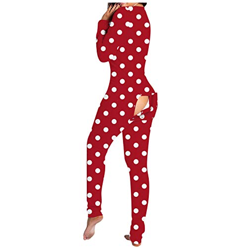 POTO Onesie Pajamas for Women Butt Flap Adults Jumpsuit Deep V Neck Sexy Bodysuit Printed Long Sleeve Rompers Sleepwear