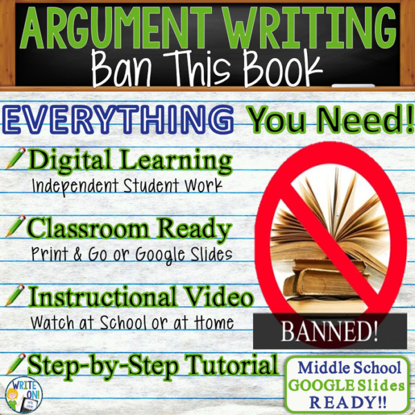 Text Dependent Analysis Argument Writing for Ban This Book Distance Learning In Class, Independent Student Instruction, Instructional Video, PPT, Worksheets, Rubric, Graphic Organizer Google Slides