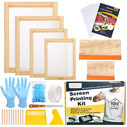 Caydo 31 Pieces Screen Printing Starter kit Include 4 Different Size of Wood Silk Screen Printing Frame with 110 Mesh, Squeegees, Inkjet Transparency Film, Ink Knife, Gloves and Mask Tape