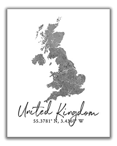 United Kingdom Map Wall Art Print – 8×10 Silhouette Decor Print with Coordinates. Makes a Great UK-Themed Gift. Shades of Grey, Black & White.