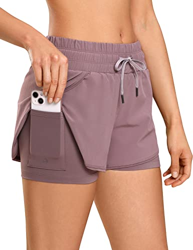 CRZ YOGA Women’s Mid Waisted Workout Running Shorts with Liner 3” – 2 in 1 Athletic Sport Tennis Gym Shorts Zip Pocket Mauve Small