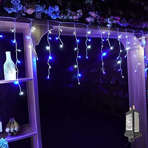 YASENN 300Led Icicle Style String Lights 29.5FT,Update Connectable 8 Lighting Modes with Timer Icicle Lights for Home Garden Outdoor Indoor Eave Decor (Blue and White LED White Cable)