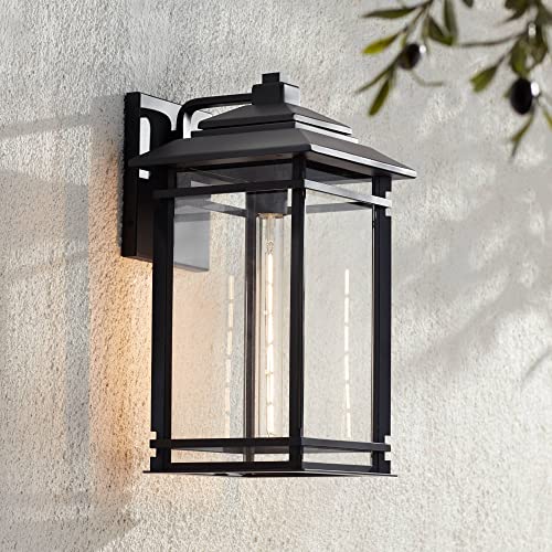 John Timberland North House Mission Traditional Outdoor Wall Light Fixture Matte Black Metal 19″ Clear Glass Shade for Exterior House Porch Patio Outside Deck Garage Yard Front Door Garden Home