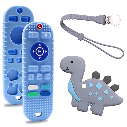 Teething Toys for Babies 0-6 6-12 Months, Silicone Remote Control Teether for Baby and Dinosaur Sensory Chew Toys with Pacifier Clip for Kids and Boys, 2 Pack Teething Relief for Toddler Infant