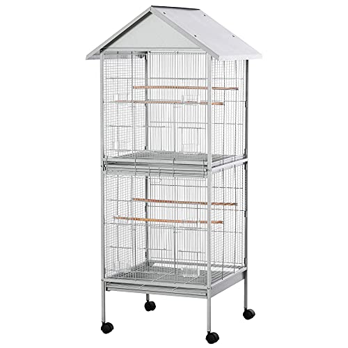 PawHut Wrought Metal Bird Cage Feeder with Rolling Stand Perches Food Containers Doors Wheels 67″ H, White