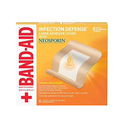 Band-Aid Brand Infection Defense Adhesive Wound Covers with Neosporin Antibiotic Ointment On The Pad for First Aid Wound Care, Bacitracin Zinc & Polymyxin B Sulfate, Sterile, Large, 6 ct | The Storepaperoomates Retail Market - Fast Affordable Shopping