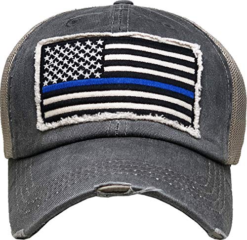 Funky Junque Womens Baseball Cap Distressed Vintage Unconstructed Embroidered Patch Hat (American Flag w/Blue Line – Black)