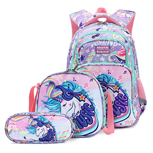 Wawakube 3Pcs Girls Backpack with Lunch Box Pencil Case,Unicorn Preschool Elementary School Bookbag for Kids…