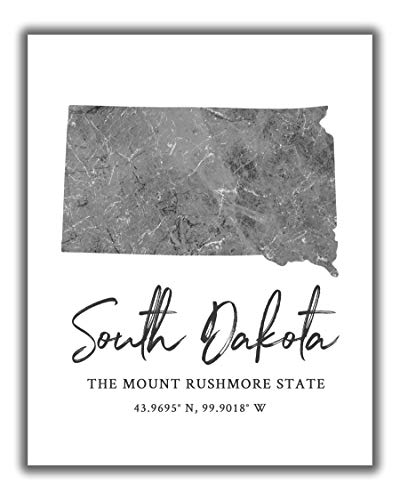 South Dakota State Map Wall Art Print – 8×10 Silhouette Decor Print with Coordinates. Makes a Great SD-Themed Gift. Shades of Grey, Black & White.