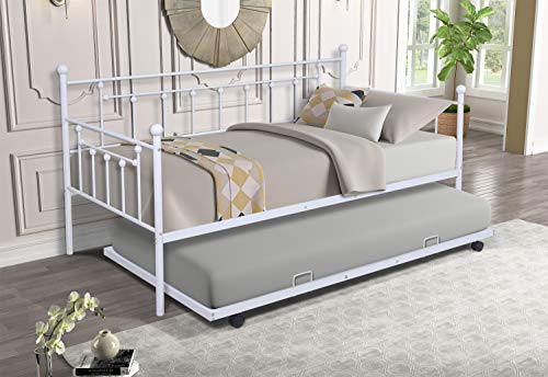 Modern Daybed with a Trundle Twin Size,Daybed Metal Frame with Pullout Trundle for Kids Teens and Adults, No Box Spring Needed,White Gray