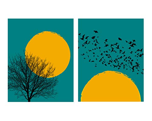Tree, Bird Flock & Sun Silhouette Wall Art Prints. Set of 2-11×14 UNFRAMED Abstract, Nature, Minimalist, Nordic Decor. Black, Yellow on Teal Background.