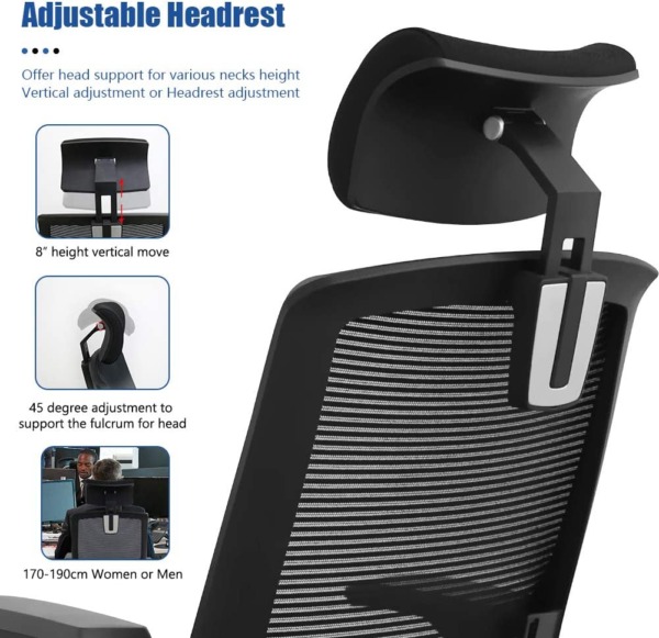 Ergonomic Office Chair, High Back Desk Chair, Adjustable Home Office Mesh Chair with Headrest Lifted Armrest, Reclining Rolling Task Computer Chair