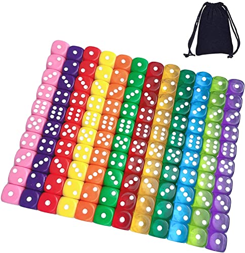 120 Pieces 6 Sided Dice Set Translucent & Solid Games Dice Set, Colored Dice with Free a Black Velvet Pouches for Playing Games, Like Board Games, Dice Games, Math Games, Party Favors and More (16 mm)