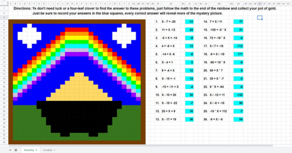 One Step Equations with Integers Mystery Picture Reveal Pixel Art: Excel