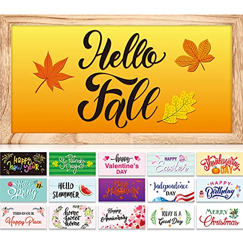 Zonon Farmhouse Wood Signs with 16 Interchangeable Seasonal Sayings and Picture Frame Rustic Wooden Wall Hanging Porch Decorations for Fall, Halloween, Thanksgiving Day, 13 x 7 Inch ()
