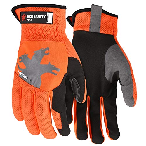 MCR Safety HyperFit 954 Mechanics Style Work Gloves with Synthetic Leather Palm, Slip on Cuff, Hi-Vis Orange, Size Small (1 Pair)