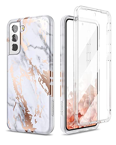 SURITCH Phone Case for Samsung Galaxy S21 6.2 inches, Front Cover with Built-in Screen Protector Full Body Protection Shockproof Rugged Bumper Slim Fit Protective Cover, Gold Marble