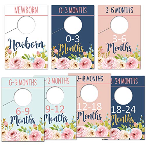 Baby Closet Size Dividers, Floral Baby Closet Organizer for Girl, Newborn Nursery Wardrobe Divider Hangers to Arrange Clothes with Separator By Size or Age, Baby Shower, 0-24 Months