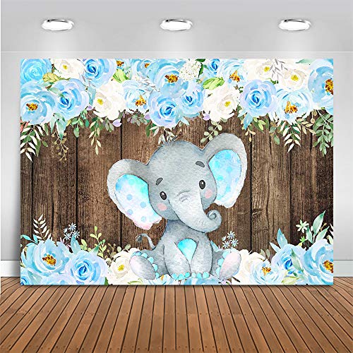 Mocsicka Floral Elephant Baby Shower Backdrop Blue Elephant Baby Shower Party Decoration 7x5ft Vinyl Boy Elephant Baby Shower Photo Background (7x5ft (82×60 inch))