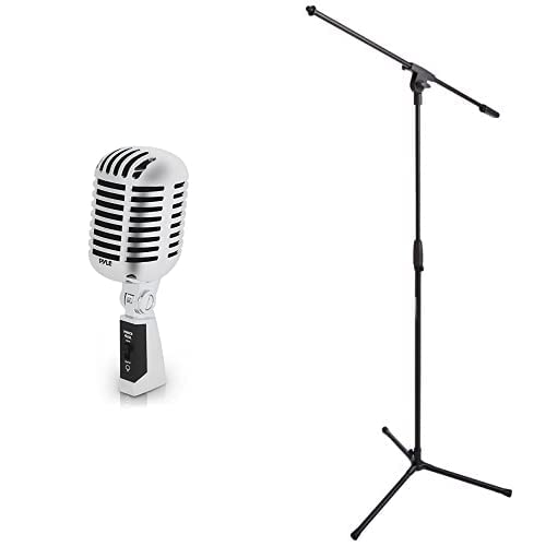 Classic Retro Dynamic Vocal Microphone – Pyle PDMICR42SL (Silver) & Amazon Basics Tripod Boom Microphone Stand