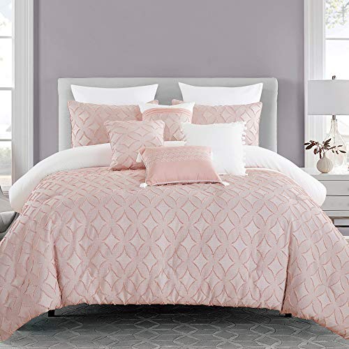 LinenTopia Luxury 7 Piece King/Cal-King Comforter Set with Shams Cushions,Modern Bright Elegant Diamond Pink White Embro Patterns with a Decorative Tassel Pillow,Bed Cover Bed in a Bag,(22052,K/CK)