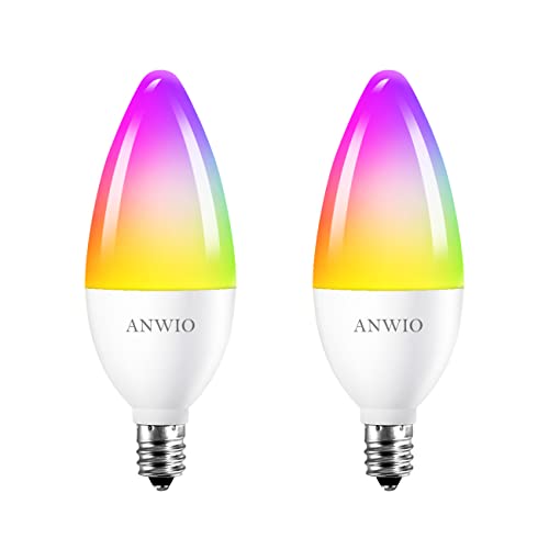ANWIO Smart Light Bulb, B11 Smart Candelabra LED Bulb, E12 Base WiFi Chandelier Light Bulb, Color Changing, Dimmable, Work with Alexa Google Home Amazon Echo, No Hub Required, 470 Lumen 4.9W 2 Pack