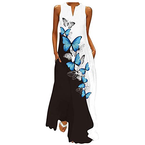 Women Sundress Butterfly Print Sleeveless V Neck Tank Dress Casual Loose Long Maxi Dress Holiday Party Beach Tunic Dresses(Blue,2XL)