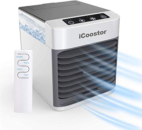 iCoostor Personal Space Air Cooler | Portable Evaporative Air Cooler | Humidifier with Touch Button & Remote Control & 3 Speed Levels &7 LED Light & Waterless Protect & Timer for Every Situation