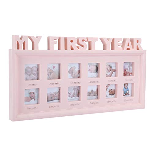 Agatige My First Year Baby Picture Frame, 12 Months Photo Frame Pink Memorable Photographs Albums Monthly Milestone for Newborn Baby Girls, Gift for Mom to Be