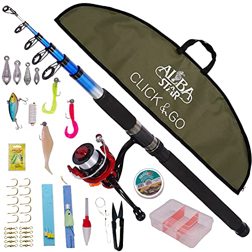 Alba Star Click & Go Fishing Set (ACM012) Fishing 12 Ft. Telescopic Rod Reel Combo with Carrier Bag and All Necessary Accessories for Fishing. Salt Water and Fresh Water Eco Spinning Set