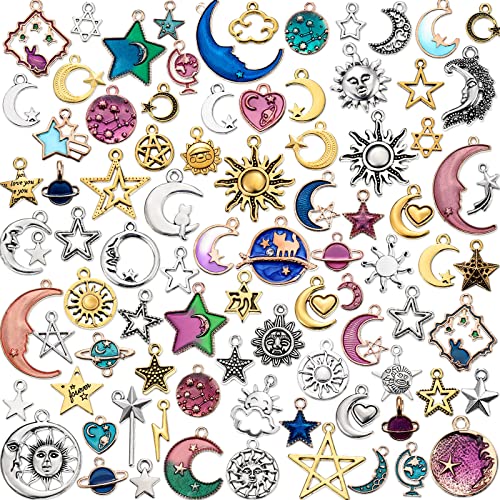 160 Pieces Jewelry Charms, Mixed Antique Sun Star Moon Charm Pendant Plated Enamel Moon Star Celestial Charm Pendant for Earring Necklace Bracelet Jewelry Making and Craft (Silver, Gold, Blue, Purple)